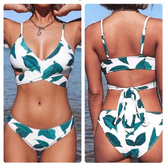 CUPSHE Fresh Leaves 2 Piece Bikini Wrap White & Green - Picture 2 of 6